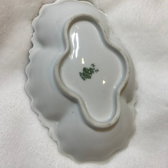 MZ Austria * Pink Flowers White Porcelain Bown Green Accents EUC Vintage Dessert - Picture 9 of 9